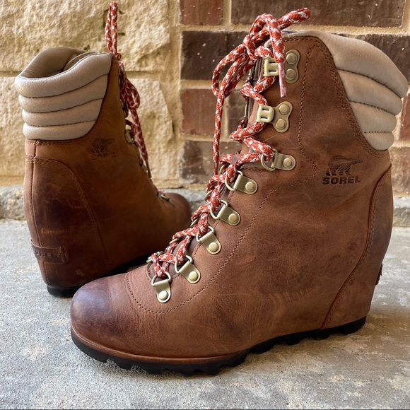 Sorel Boots Conquest Wedge Booties Brown Leather Lace Up Womens 8 - Picture 3 of 15